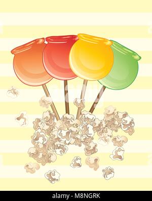 a vector illustration in eps 10 format of popular sweet candy apples on a yellow striped background Stock Vector