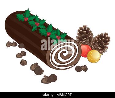a vector illustration in eps 10 format of a festive chocolate cake with cream swirl in the shape of a log decorated with holly sprigs pine cones Stock Vector