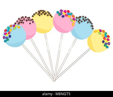 a vector illustration in eps 10 format of colorful cake pops with pink yellow and blue frosting decorated with candy beans and chocolate chips Stock Vector