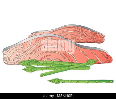 a vector illustration in eps 10 format of asparagus spears with two salmon steaks in advert format on a white background Stock Vector