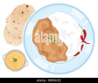 a vector illustration in eps 10 format of an advert for freshly made curry and rice on a plate with roti breads and dahl on a white background Stock Vector