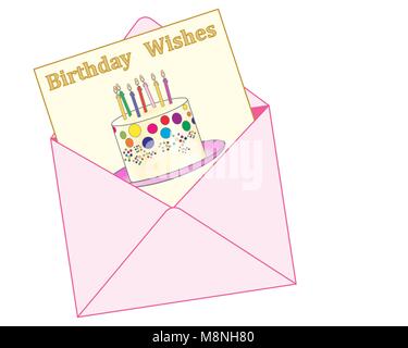 a vector illustration in eps 10 format of a pink envelope with a birthday greeting card showing a colorful celebration cake Stock Vector