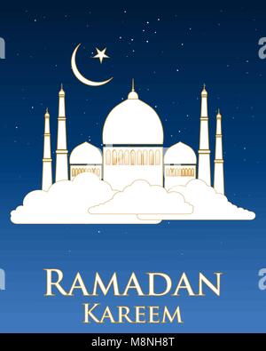 a vector illustration in eps 10 format of a Ramadan greeting card with a white mosque with gold trim floating on a white cloud with stars and moon Stock Vector