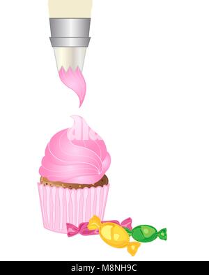 a vector illustration in eps 10 format of an icing bag piping pink icing on to a cake with some colorful wrapped candy on a white background Stock Vector