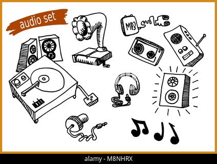 audio icon set including gramaphone, radio, vinyl player, ear plugs, media players and other accessories Stock Vector