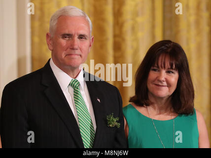 United States Vice President Mike Pence and his wife Karen during the annual Shamrock presentation ceremony at the White House in Washington DC, USA. Stock Photo