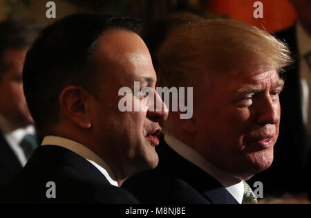 US President Donald Trump and Irish Taoiseach Leo Varadkar (left) attend the annual shamrock presentation ceremony at the White House in Washington DC, USA. Stock Photo