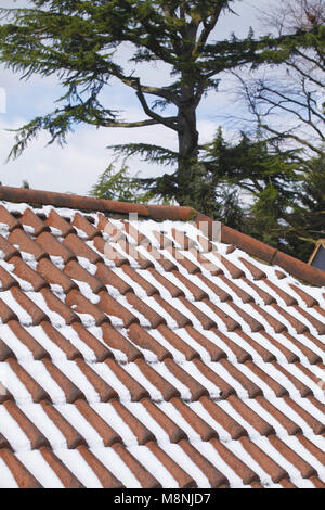 Roof tiles with recent snow fall covering them in winter Stock Photo