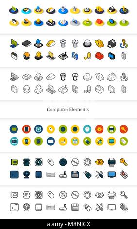 Set of icons in different style - isometric flat and otline, colored and black versions Stock Vector