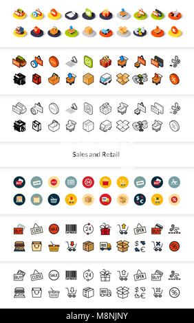 Set of icons in different style - isometric flat and otline, colored and black versions Stock Vector