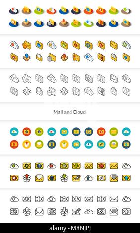 Set of icons in different style - isometric flat and otline, colored and black versions Stock Vector