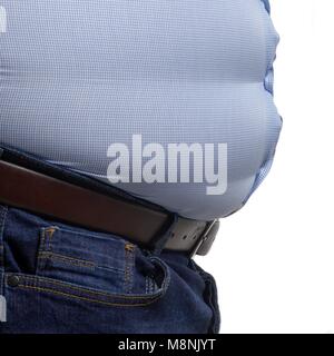 Overweight man wearing blue shirt, side view. Stock Photo