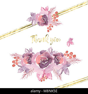 Watercolor floral Thank you card template. Bouquet with big pink roses ...