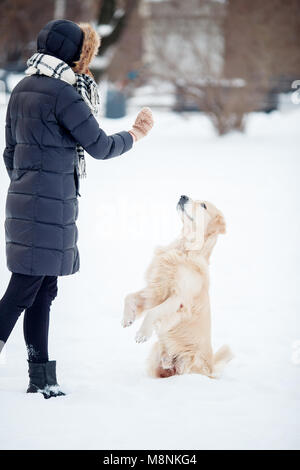 Photo of young woman in black jacket playing with dog in snowy park Stock Photo