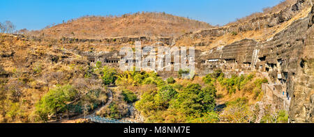 Panorama of the Ajanta Caves. UNESCO world heritage site in Maharashtra, India Stock Photo