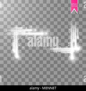 Abstract luxury white vector light flare spark light effect. Sparkling glowing rectangular frame on transparent. Starlight moving background. Glow blurred space for message or logo. Stock Vector