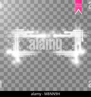 Abstract luxury white vector light flare spark light effect. Sparkling glowing rectangular frame on transparent. Starlight moving background. Glow blurred space for message or logo. Stock Vector