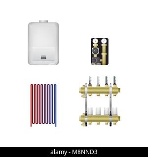 HVAC equipment vector illustration. Boiler, floor heating, pumping group comb. Stock Vector