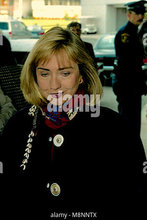 Ann Arbor, Michigan, USA, October 19, 1992 Hillary Clinton walking out of the Hotel in Ann Arbor, Michigan before going to the debate at the University of Michigan. Credit: Mark Reinstein/MediaPunch Stock Photo