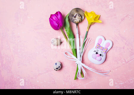 Spring Easter Table setting with flowers and Eggs. Stock Photo