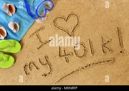 Retirement beach background with towel and flip flops and words written in sand. Stock Photo