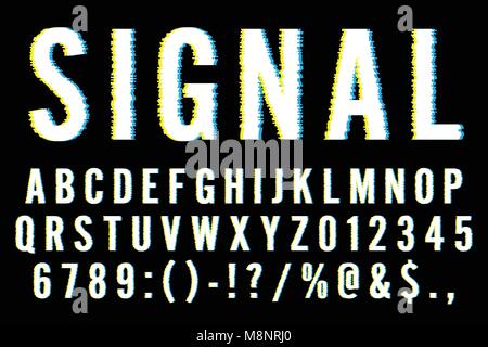 Trendy Distorted Glitch Font Typeface Letters, Numbers and Symbols Vector Illustration Stock Vector