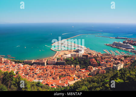 Beautiful summer city view and colorful eyecatching seascape on sunny day from medieval castle Arechi - the highest top of Salerno, Italy Stock Photo