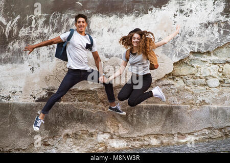 Two young tourists in the old town, having fun. Stock Photo