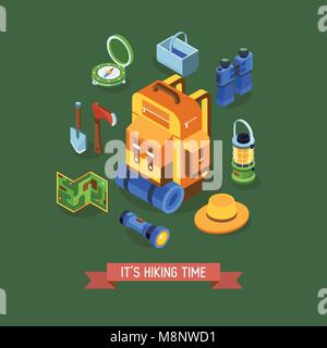 Hiking and Camping Isometric Banner Stock Vector