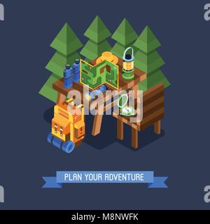 Hiking and Camping Isometric BannerHiking and Camping Isometric Banner Stock Vector