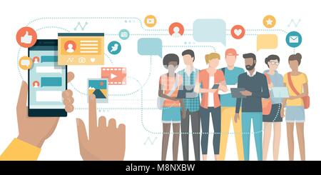User social networking and chatting using apps on his smartphone and young people connecting online using their devices: social media and communicatio Stock Vector