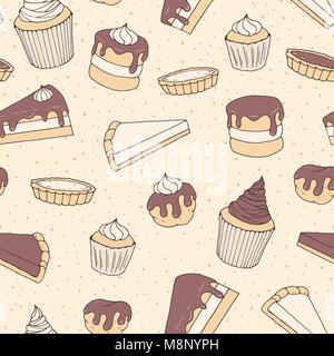 Hand drawn vector pastry seamless pattern with cake and pie pieces, cupcakes and eclairs covered with  chocolate. Ornament on the dotted background. Stock Vector