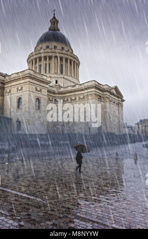 Pantheon, Paris in the rain with silhouette of woman with umbrella. Stock Photo