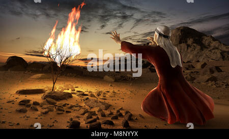 Moses and the burning bush. Story of book of exodus in bible. The shrub was on fire, but was not consumed by the flames. Stock Photo