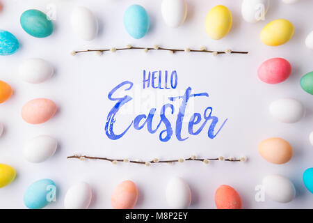 Hello Easter flat lay on a white background. Stock Photo