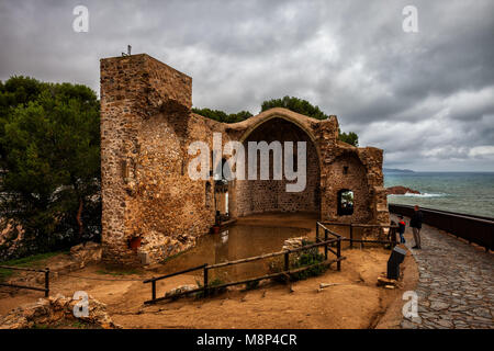 Ruins of Gothic Church of St. Vincent (Sant Vicenc) on Costa Brava in Tossa de Mar town, Catalonia, Spain Stock Photo