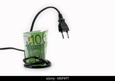 Electricity cable, plug with hundred euro banknote isolated on white background Stock Photo