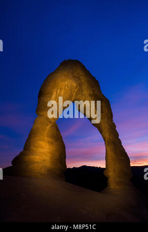 Sunset at Delicate Arch, located in Arches National Park, Utah. Stock Photo