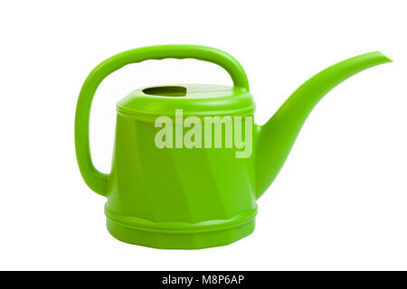Plastic green watering can on white. Stock Photo