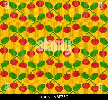 Knitted pattern of fruits of cherry on a yellow background. Handwork ornament. Seamless pattern. Vector illustration. Stock Vector