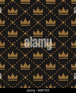 Knitted pattern of a crown on a black background. Concept of a symbol of abundance, wealth, welfare. Handwork ornament. Seamless pattern. Vector illus Stock Vector