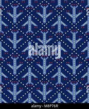 Knitted pattern of the flying planes on a blue background. Concept of air flights, travel. Handwork ornament. Seamless pattern. Vector illustration. Stock Vector