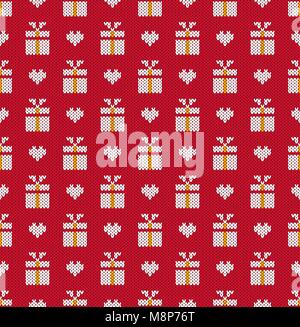 Knitted pattern gifts and heart on a red background. Concept of celebrations, holidays, actions. Handwork ornament. Seamless pattern. Vector illustrat Stock Vector