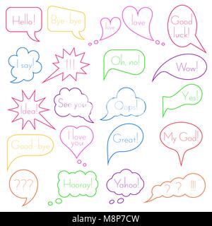 Set of simple colourful original speech bubbles with expression of various emotions or with any other text. Vector element of graphic design Stock Vector