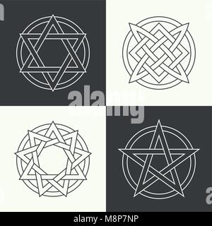 Set of the ancient symbols executed in linear style, concluded in a circle. Stars and charms of people of the world. Concept of the universe and spiri Stock Vector