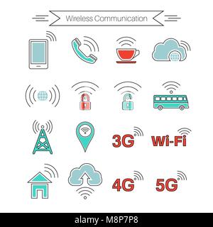 Set of icons of wireless communications. Home and mobile networks. Cloudy storage. Internet cafe. Thin line style. Vector element of graphic design Stock Vector