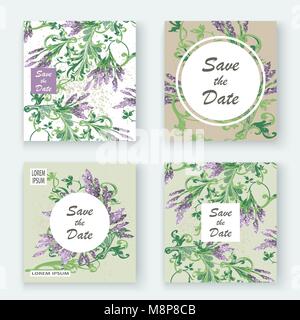 Lavender floral pattern cover design. Hand drawn creative flower. Elegant trendy artistic background blossom greenery branche. Graphic illustration we Stock Vector