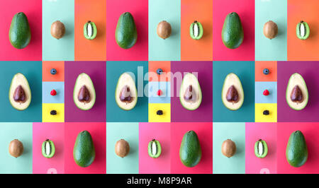 Avocado and fruit flat lay food. Pattern made from Avocado and fruit. Stock Photo