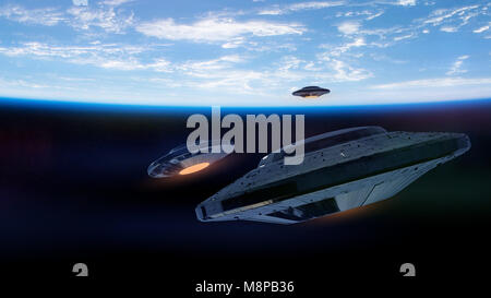 UFOs, alien spaceships approaching planet Earth, outer space visitors in flying saucers (3d science fiction illustration, elements of this image are f Stock Photo