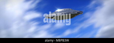 UFO, science fiction scene with fast alien spaceship, extraterrestrial visitors in flying saucer (3d space illustration banner) Stock Photo